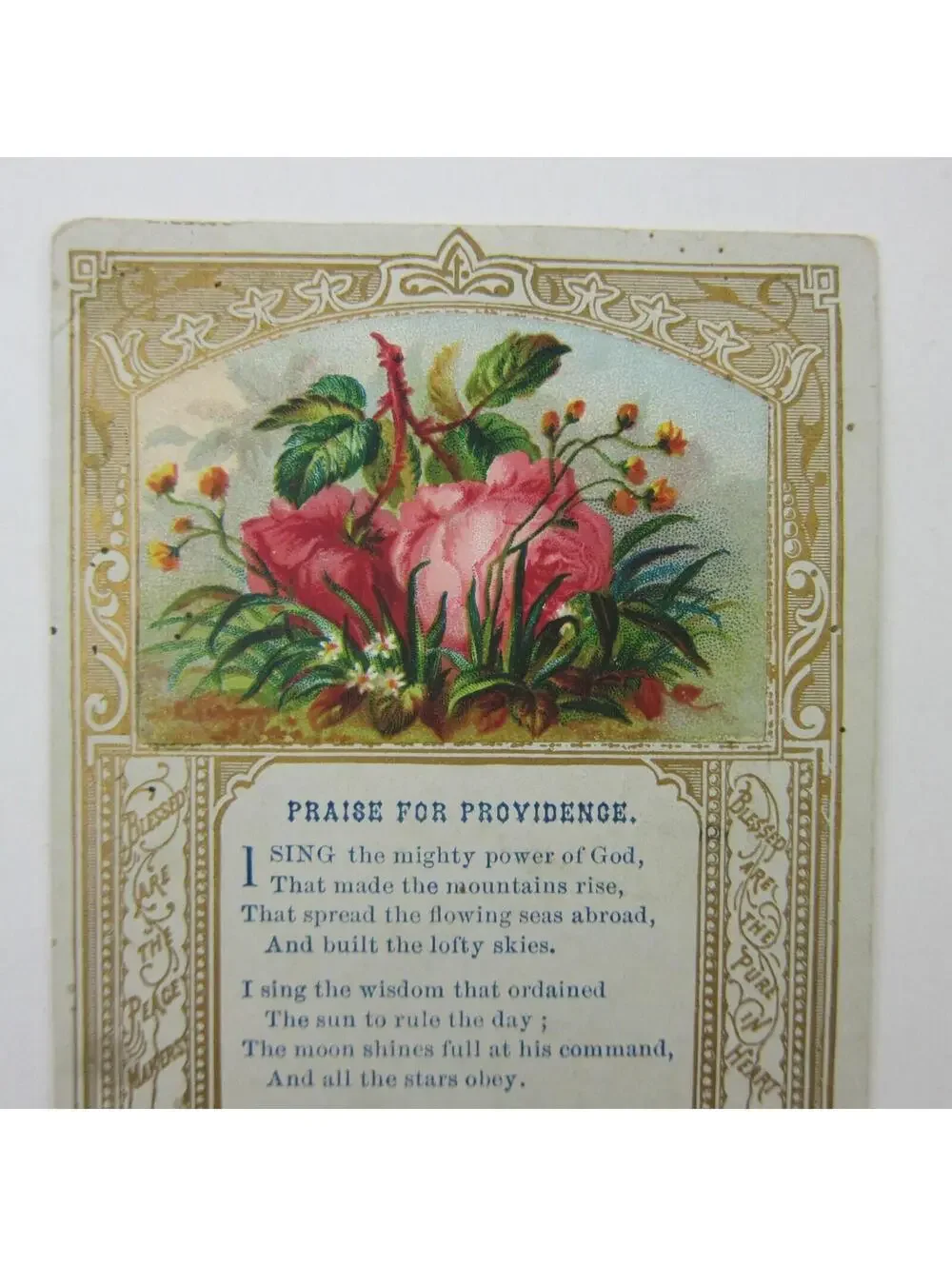 Victorian Prayer Card Praise for Providence Pink & Yellow Flowers Gold Antique
